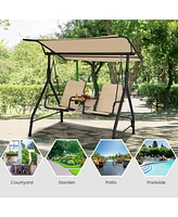 Gouun 2-Seat Outdoor Cushioned Porch Swing with Adjustable Canopy and Tempered Glass Table