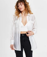 Bar Iii Women's Sheer Spread-Collar Button-Front Shirt, Exclusively at Macy's