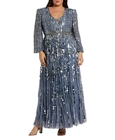 Mac Duggal Plus Long Sleeve Beaded Crystal Deep V Neckline Gown