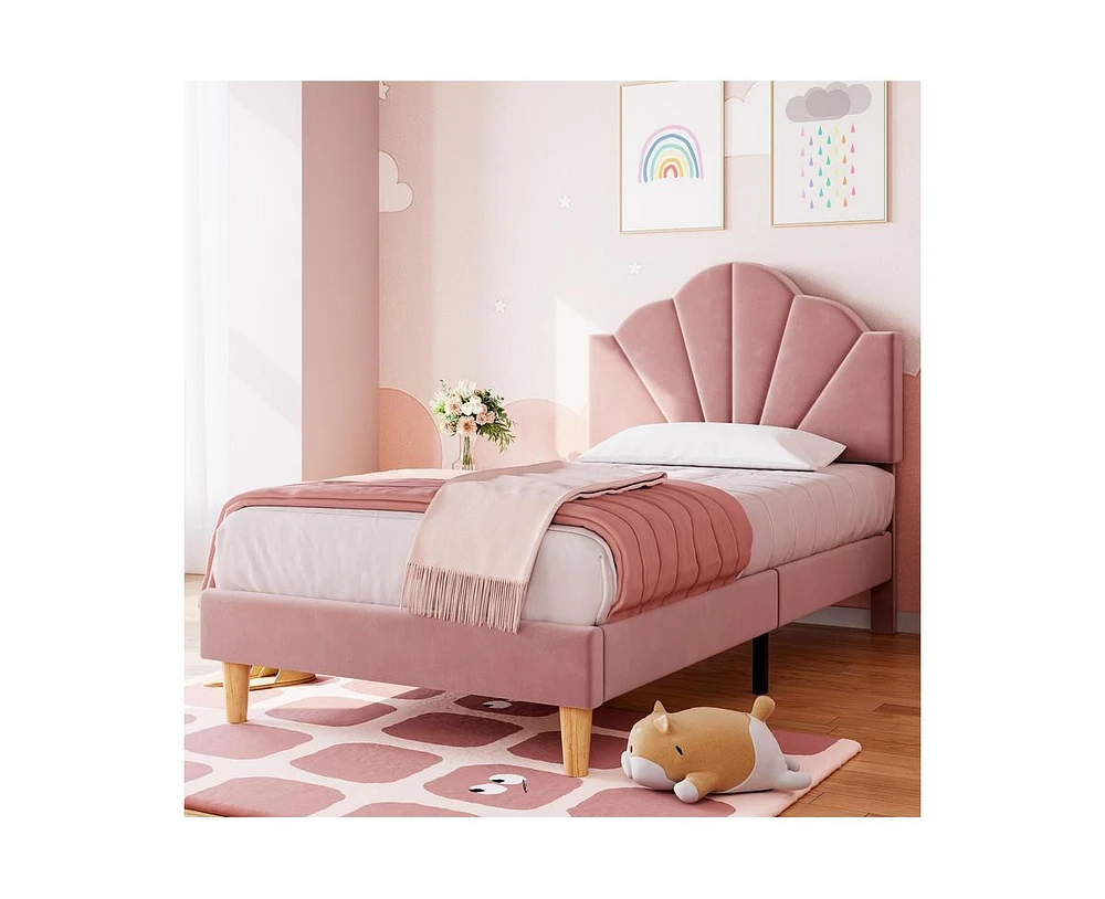 gaomon Twin Pink Bed Frame, Twin Velvet Upholstered Bed Frame with Height Adjustable Headboard