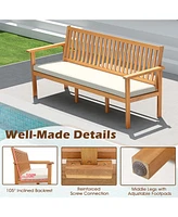 Gouun Outdoor 3-Seat Wood Bench with Seat Cushion and Slatted Seat