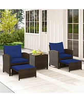 Gouun 5 Pieces Patio Rattan Furniture with 2 Ottomans and Tempered Glass Table