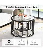 Gouun 24 Inch Round Table with Reeded Tempered Glass Top and Oval Swivel Brackets