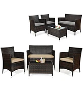 Gouun 4 Pieces Comfortable Outdoor Rattan Sofa Set with Glass Table