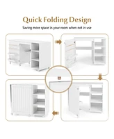 Costway Folding Sewing Table with Storage Shelves 2 Storage Bins & 18 Pegs Lockable Casters