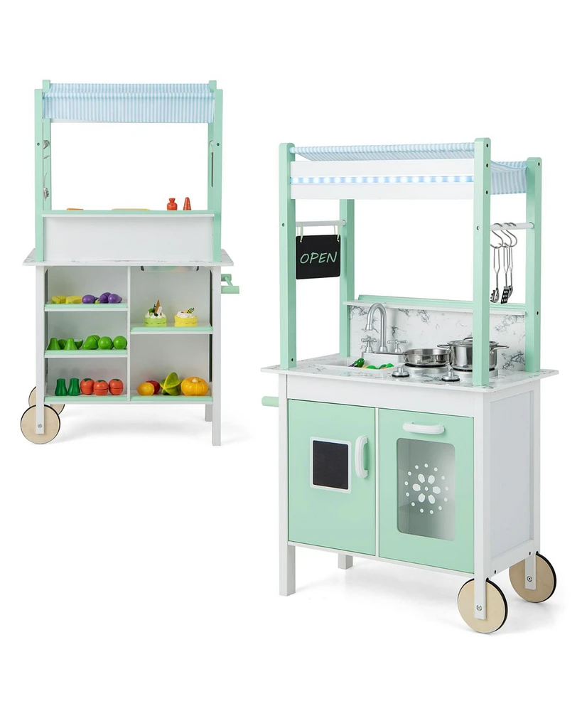 Sugift Double-sided Pretend Play Kitchen with Remote Control and Led Light Bars-Green