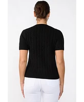 Jennie Liu Women's 70% Wool 30% Cashmere Chuncky Cable-knit Crewneck Short Sleeve Sweater