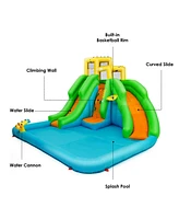 Gymax Inflatable Water Park Bounce House Two-Slide Bouncer w/ Climbing Wall & 550W Blower
