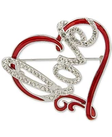 Anne Klein Silver-Tone Pave Love Script Red Heart Pin