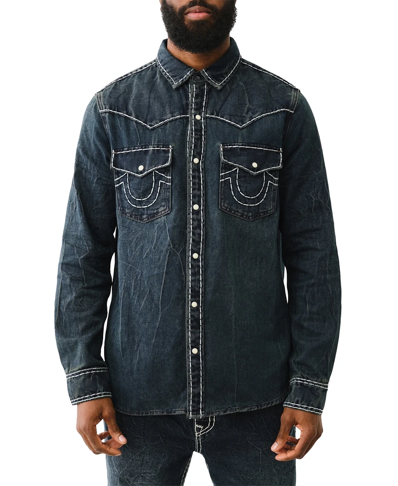 True Religion Men's Super T Western Long Sleeve Denim Button-Front Shirt