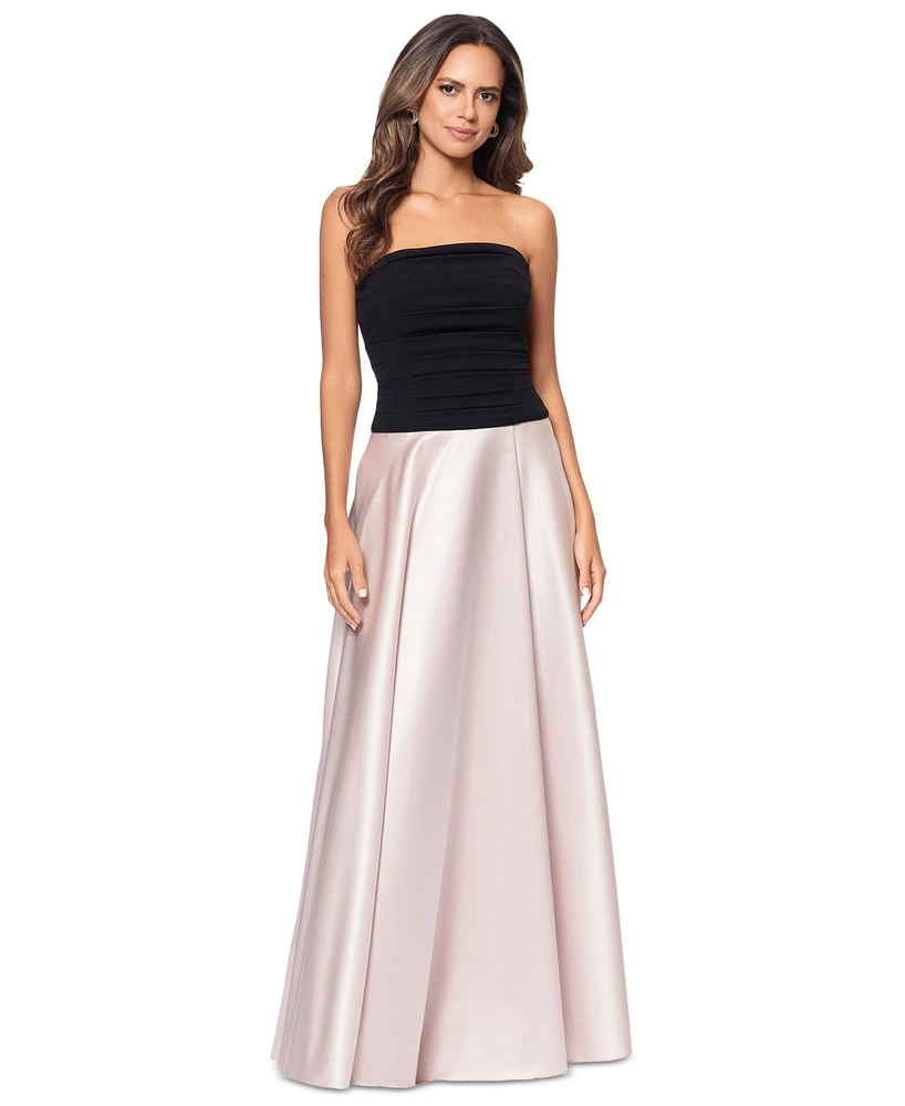 Xscape Women's Strapless Pleated-Top Mixed-Media Gown