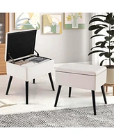 Costway 2 Pcs Velvet Vanity Stool Ottoman with Storage Solid Wood Legs Flip-Up Top