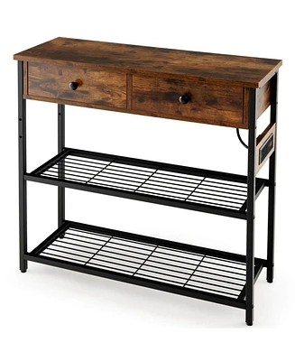 Costway Entryway Table with Charging Station Narrow Console 2 Drawers