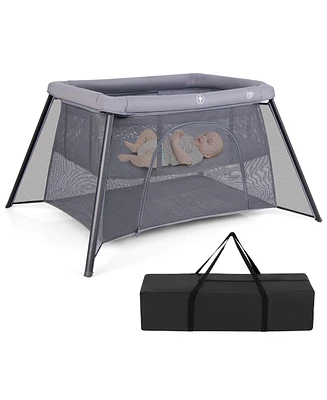 Gymax Travel Crib w/ Safety Enclosure & Padded Mattress Carrying Bag Indoor & Outdoor