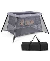 Gymax Travel Crib w/ Safety Enclosure & Padded Mattress Carrying Bag Indoor & Outdoor