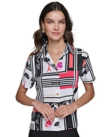 Karl Lagerfeld Paris Women's Printed Short-Sleeve Button-Front Top