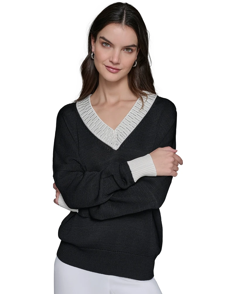 Karl Lagerfeld Paris Women's Embellished V-Neck Sweater