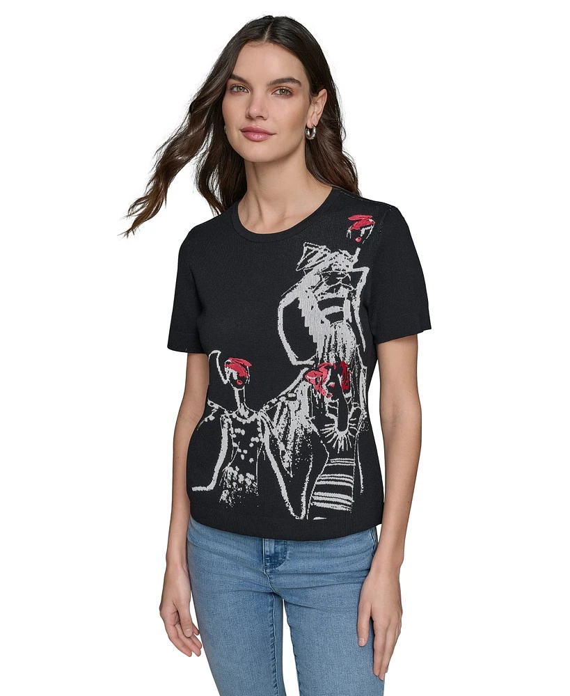 Karl Lagerfeld Paris Women's Sketch-Graphic Short-Sleeve Sweater