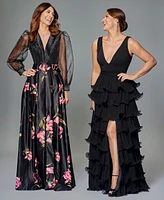 Betsy & Adam Women's Tiered Long V-Neck Gown