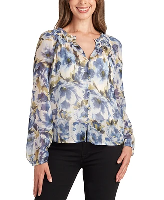 Bcx Juniors' Sheer-Print Long-Sleeve Button-Front Blouse