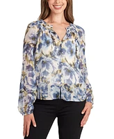 Bcx Juniors' Sheer-Print Long-Sleeve Button-Front Blouse