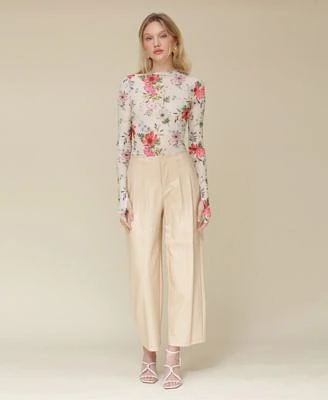 Avec Les Filles Womens Wildflower Printed Long Sleeve Mesh Top Faux Leather Darted Waist Pants