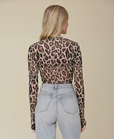 Avec Les Filles Women's Printed Long-Sleeve Mesh Top