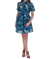 julia jordan Women's Printed Short-Puff-Sleeve Chiffon Dress