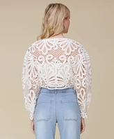 Avec Les Filles Women's V-Neck Cropped Puff-Sleeve Shirt