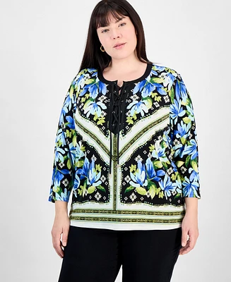 Jm Collection Plus Printed 3/4-Sleeve Top, Exclusively at Macy's