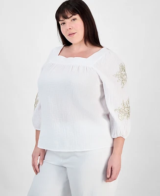 Jm Collection Plus Cotton Square-Neck Floral-Applique Top, Exclusively at Macy's