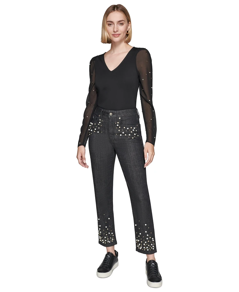 Karl Lagerfeld Paris Women's Faux-Pearl-Embellished Straight-Leg Jeans