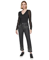 Karl Lagerfeld Paris Women's Faux-Pearl-Embellished Straight-Leg Jeans