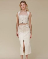 Avec Les Filles Womens Square Neck Corset Sleeveless Top Paneled Denim Pencil Skirt