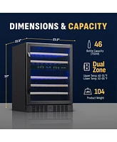 Newair 24-inch 46 Bottle Wine Cooler Refrigerator, Built-in Dual Zone Wine Fridge in Black Stainless Steel, Quiet Operation with Beechwood Shelves