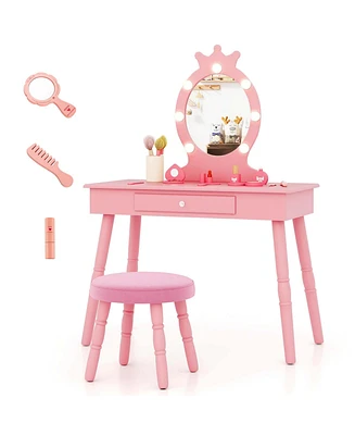 Costway Kids Vanity Set Princess Table & Chair with Lighted Mirror