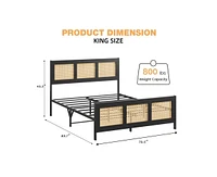 gaomon King Size Rattan Bed Frame with Headboard, Black Boho Cane Platform Bed Frame with Strong Metal Slat, Noise Free