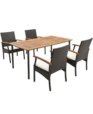 Gouun 5 Pieces Patio Wicker Cushioned Dining Set with Wood Armrest and Umbrella Hole