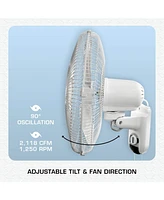 Hurricane Classic 16 Inch 90 Degree Oscillating 3 Speed Wall Mounted Fan, White