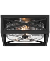 Franklin Iron Works Drake 12" Modern Industrial Flush-Mount Ceiling Light Fixture Kitchen Foyer Hallway Round 2-Light Black Clear Seeded Glass Metal B