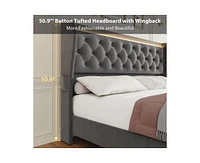 gaomon King Led Platform Bed Frame with Charging Station, Velvet Upholstered Bed Frame with Button Wingback Headboard