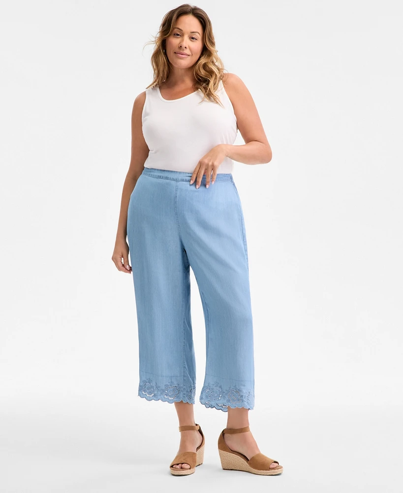 Style & Co Plus Embroidered-Hem Chambray Pull-On Pants, Exclusively at Macy's