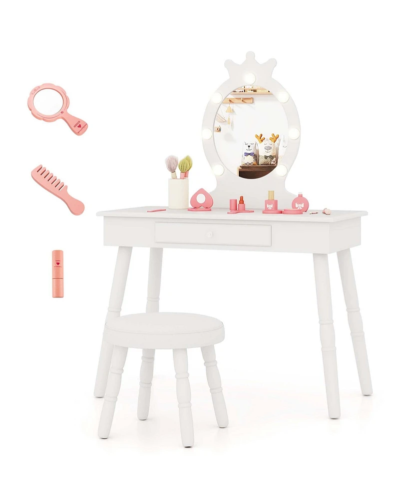 Costway Kids Vanity Set Princess Vanity Table & Chair Set with Lighted Mirror