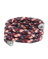 American West Jewelry Sterling Silver Multi-Color Braided Pink, Maroon and Berry Leather Coil Wrap Bracelet, 34 Inches