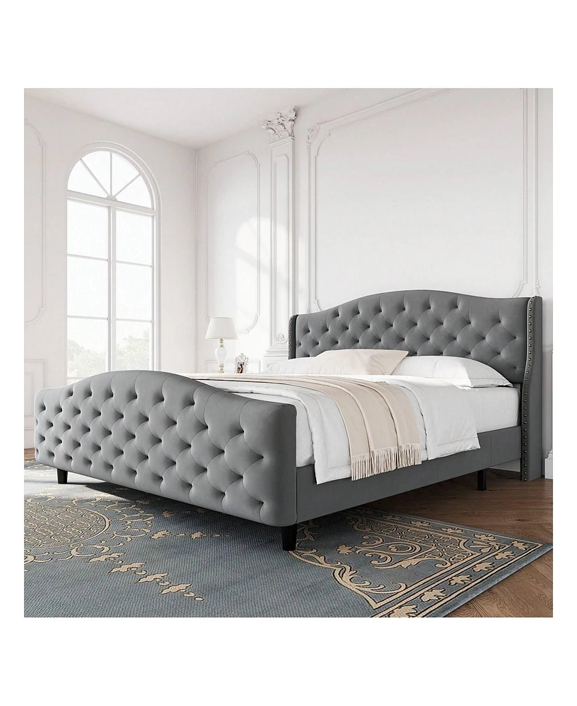 gaomon Queen/King Velvet Bed Frame With Headboard And Footboard, Tufted Wingback Headboard, Upholstered Platform Bed, Strong Wooden Slats, No Box