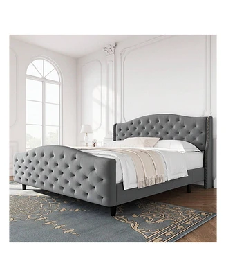 gaomon Queen/King Velvet Bed Frame With Headboard And Footboard, Tufted Wingback Headboard, Upholstered Platform Bed, Strong Wooden Slats, No Box