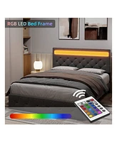 gaomon Full/Queen Size Bed Frame With Led Lights Headboard, Led Bed Frame With Fast-Charging Usb Port, Upholstered Platform Bed Frame, No Box Spring N