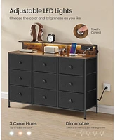 Slickblue Dresser for Bedroom with 9 Fabric Drawers, Led Lights, and Built-In Charging Station