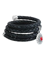 American West Jewelry Sterling Silver Red Coral Concha Braided Leather Wrap Bracelet, One Size Fits Most