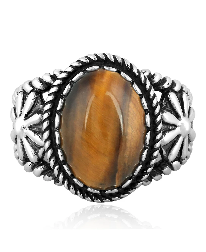 American West Jewelry Sterling Silver Tiger's Eye Concha Flower Design Ring